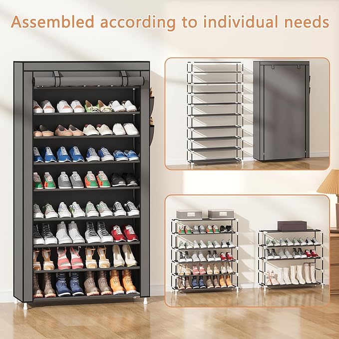 Laiensia 9-Tier Vertical Shoe Rack Organizer, Space Saving Shoe Storage Organizer, Non-Woven Cover Shoe Shelf Holds 36-45Pair