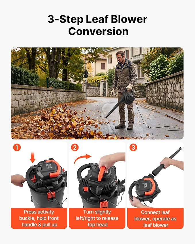 VEVOR 3-in-1 Shop Vac, 8 Gallon Wet Dry Shop Vacuum, 4.5 Peak HP Portable Vacuum Cleaner with Blower, Dual-Filter, 950W Input