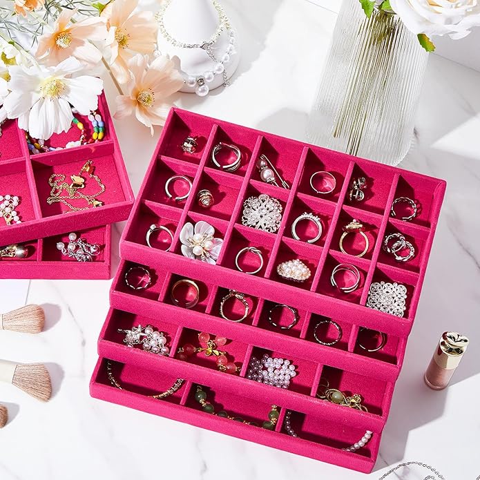 Junkin 12 Pcs Jewelry Tray Velvet Stackable Jewelry Organizer Trays Divided Earring Accessories Storage Containers Box (Rose 