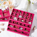 Junkin 12 Pcs Jewelry Tray Velvet Stackable Jewelry Organizer Trays Divided Earring Accessories Storage Containers Box (Rose 