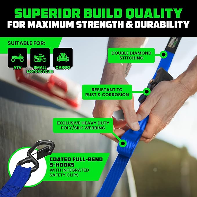 Rhino USA Retractable Ratchet Straps (4-Pack) - 1 Inch x 10 Feet (1,209lb Break Strength) - Auto Self Retracting Tie Down Straps for Truck, Cargo Trailer, Motorcycle, ATV, UTV - Blue