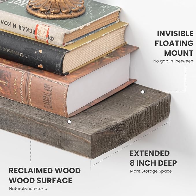 Floating Shelves Reclaimed Barnwood, 8" Deep Solid Wood Floating Shelf Wall Hanging Shelves with Invisible Heavy-Duty Metal B