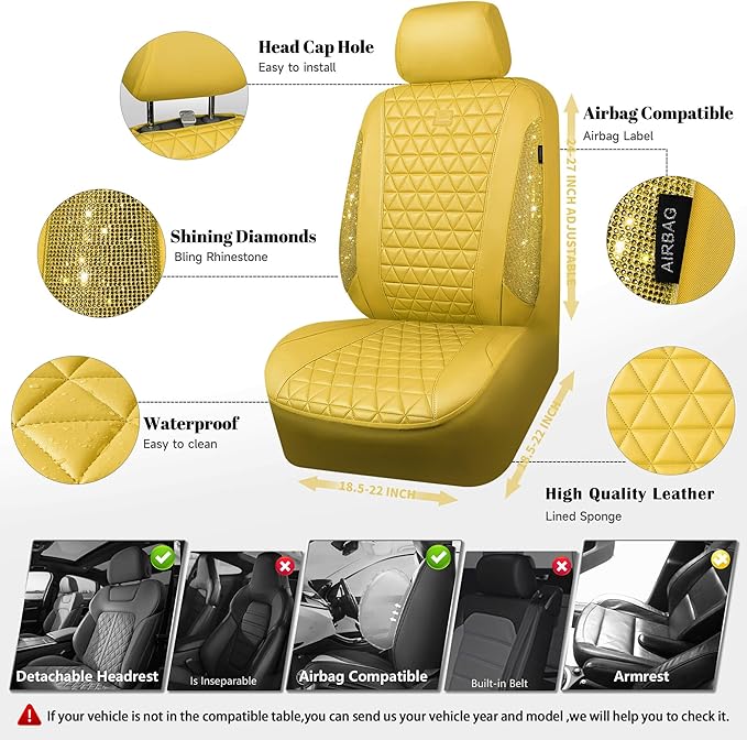 CAR PASS Yellow Bling Diamond Leather Car Seat Cover Full Sets,Waterproof Shining Glitter Sparkly Crystal Universal Fit for A