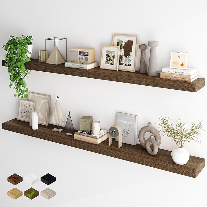Fun Memories 66 Inch Fireplace Mantel - Long Floating Shelf, Wall Mounted Farmhouse Display with Invisible Heavy Duty Metal B