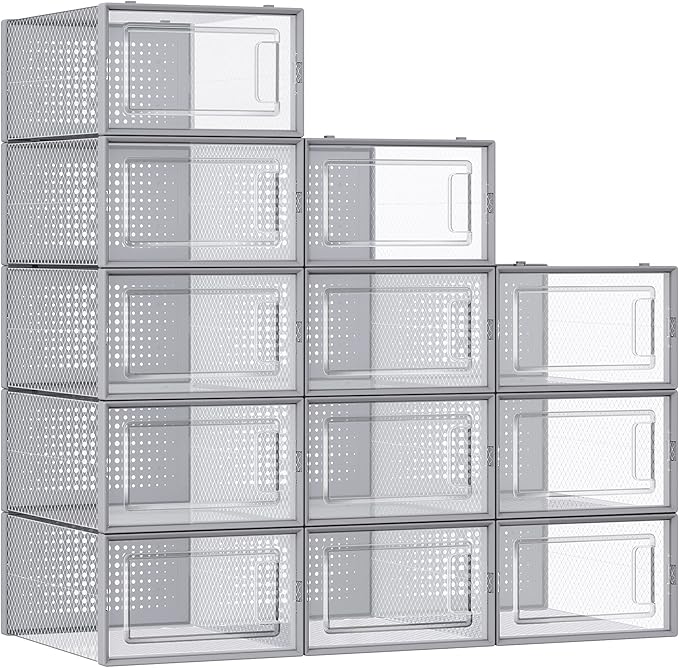 SONGMICS Shoe Boxes, Pack of 12 Shoe Storage Organizers, Stackable Clear Plastic Boxes for Closet, Sneakers, 13.1 x 9.1 x 5.6