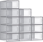 SONGMICS Shoe Boxes, Pack of 12 Shoe Storage Organizers, Stackable Clear Plastic Boxes for Closet, Sneakers, 13.1 x 9.1 x 5.6