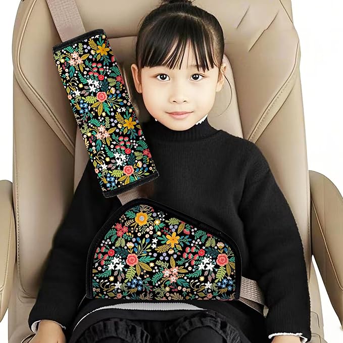 Kids Seat Belt Cover & Neck Protector - Soft Breathable Car Seat Belt Cushion for Children, Universal Fit, Hypoallergenic Travel Accessory, Wild Flower
