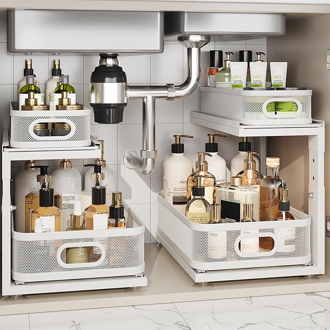 2 Pack Under Sink Organizer With Next-Gen Ball-Bearing Slides,2-Tier Precision Mesh Pull Out Cabinet Drawers Storage for Bath