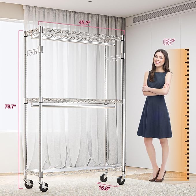M MZG Heavy Duty Rolling Garment Rack 3 Tiers Adjustable Wire Shelving Clothes Rack with 2 Rods and Side Hooks,Storage Closet