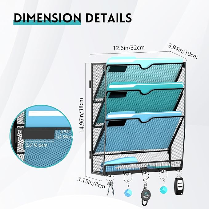 Wall File Organizer - Hanging File Organizer with 5 Hooks, Mail Holder Wall Mounted for Papers, Folders, Magazines, Bills, 4 