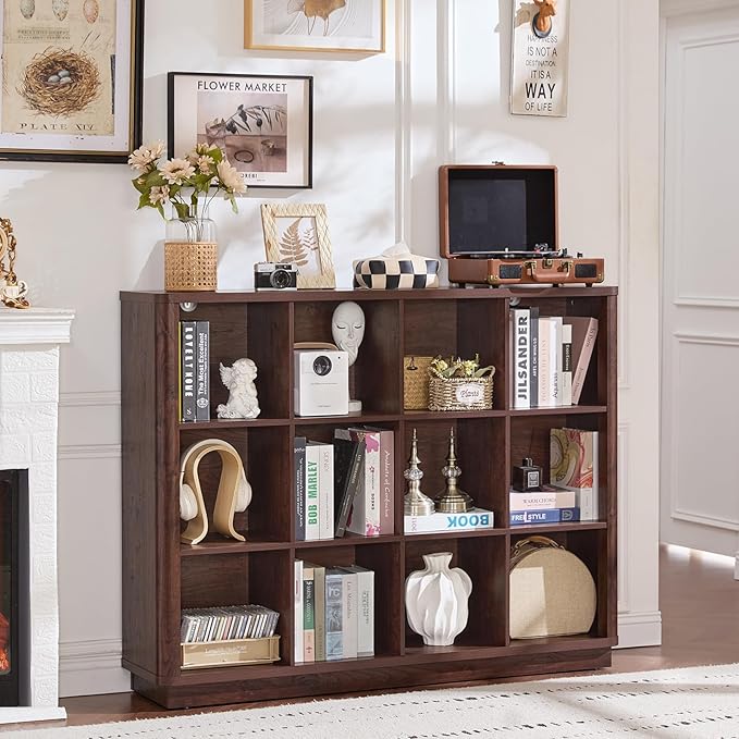Joaxswe 12 Cube Storage Organizer, 41" Large Bookshelf with Curved Edge, Wood Floor Standing 3-Tier Cubby Bookcase w/Base, Vi