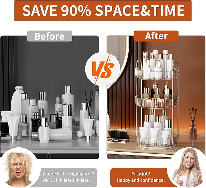 YCIA&DONE 360 Rotating Makeup Organizer and Storage for Vanity Countertop 3 Tiers, High Capacity Cosmetic Skincare Perfume Or
