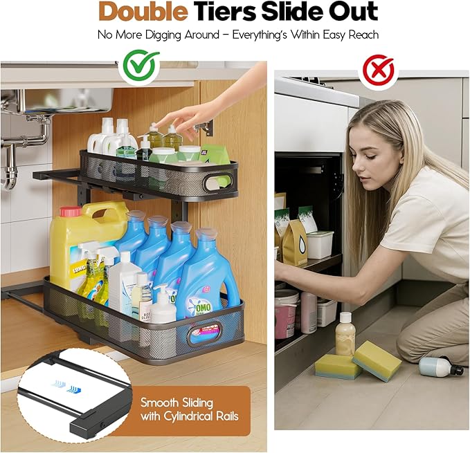 2 Pack 17.3IN-Depth Under Sink Organizer with Smooth Cylindrical Rail,2-Tier Pull Out Multi-Purpose Cabinet Storage for Bathr