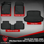 Floor Mats & Cargo Liner Fit with 11th Gen Honda Civic 2022-2025 2026 Sedan (Fits Rear Seats with or Without USB Ports), Full Set All Weather Protection 1st, 2nd Row Car Liners & Trunk Mat