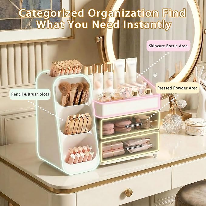 Large Capacity Makeup Organizer Countertop with Makeup Brush Holder for Vanity, Thickened Material, Bathroom Countertop Organ