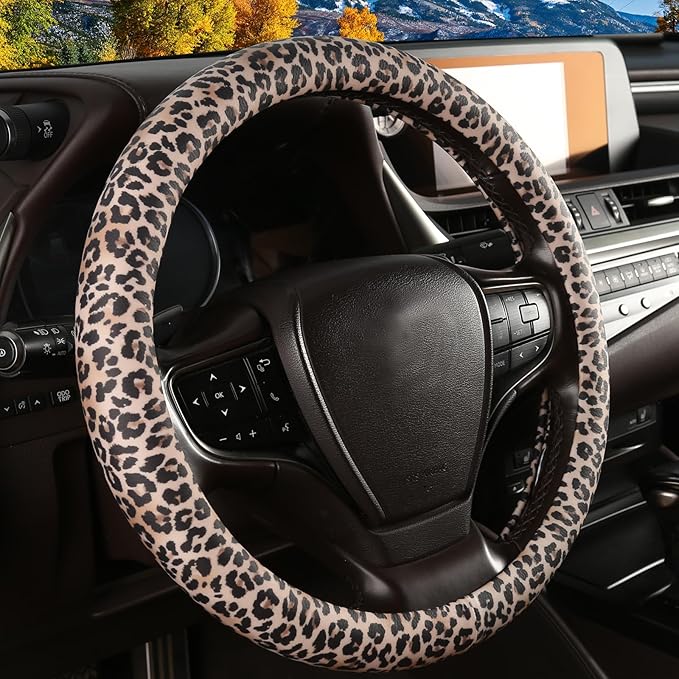 Leopard Print Steering Wheel Cover with Silicone Inner Ring, Non-Toxic, Odorless Silicone Leather with Non-Fading Cheetah Pat
