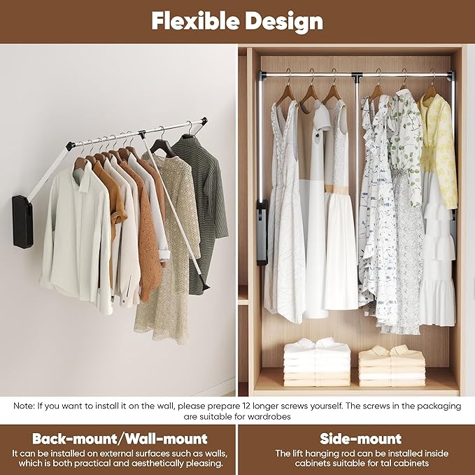 Pull Down Closet Rod, 60 lbs Load Capacity Adjustable 26-35 Inches Stainless Steel Soft-Close Wardrobe Lift with Two-way Buff