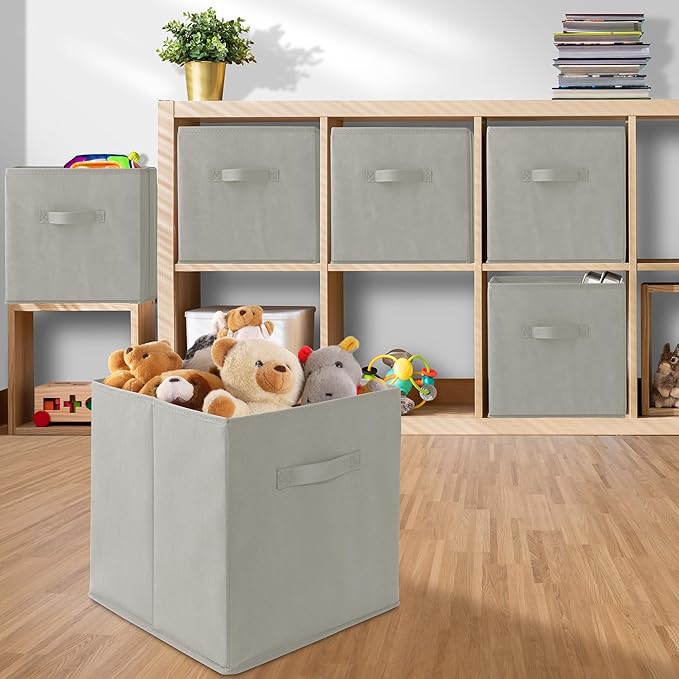 Casafield Set of 6 Collapsible Fabric Cube Storage Bins, Light Gray - 13" Foldable Cloth Baskets for Shelves, Cubby Organizer