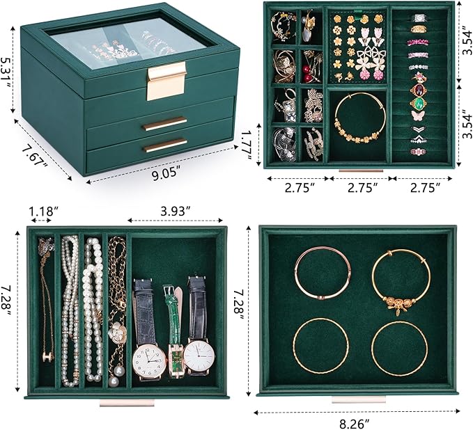3-Layer Jewelry Box for Women, Jewelry Organizer with Glass Lid and Drawers, Jewelry Organizers and Storage for Necklaces, Ri