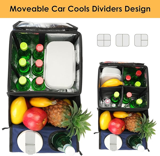 Car Seat Organizer, Backseat Car Organizer with Cup Holder Tray and Storages for Kids and Adults, Portable Travel Cooler for Car for Front or Back Seat Passenger Organizer Ccompartment (Navy Blue)