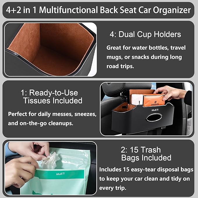 Mu&Ti Back Seat Car Organizer,4+2 in 1 Multifunctional Car Back Seat Storage Box with 2 Cup Holders, Tissue Box and Hook - Ideal for Kids and Travel(Black)