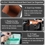 Mu&Ti Back Seat Car Organizer,4+2 in 1 Multifunctional Car Back Seat Storage Box with 2 Cup Holders, Tissue Box and Hook - Ideal for Kids and Travel(Black)