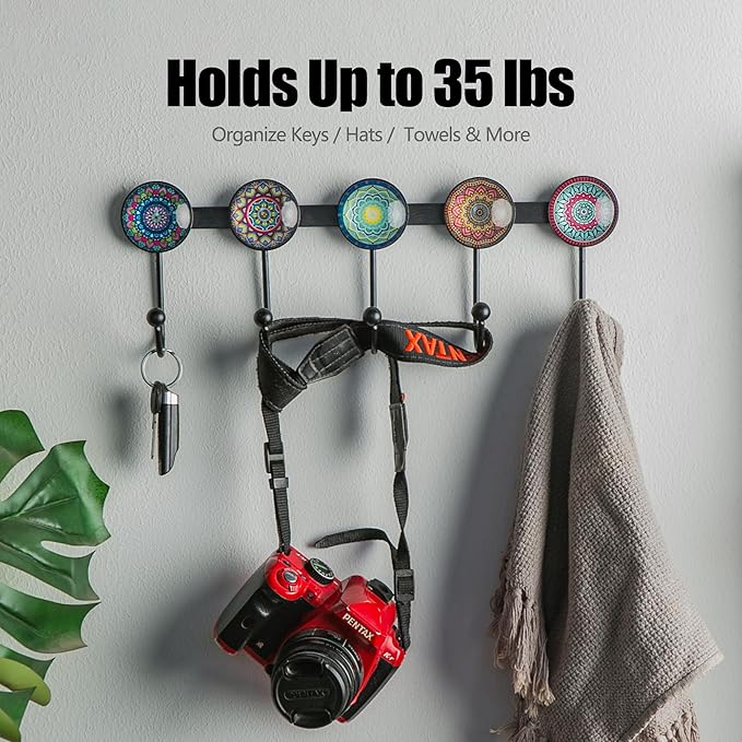 Boho Coat Rack Wall Mounted with 5 Hooks, Multi-Color Mandala Pattern Decorative Wall Hooks for Hanging Hat, Key, Towel, Purs