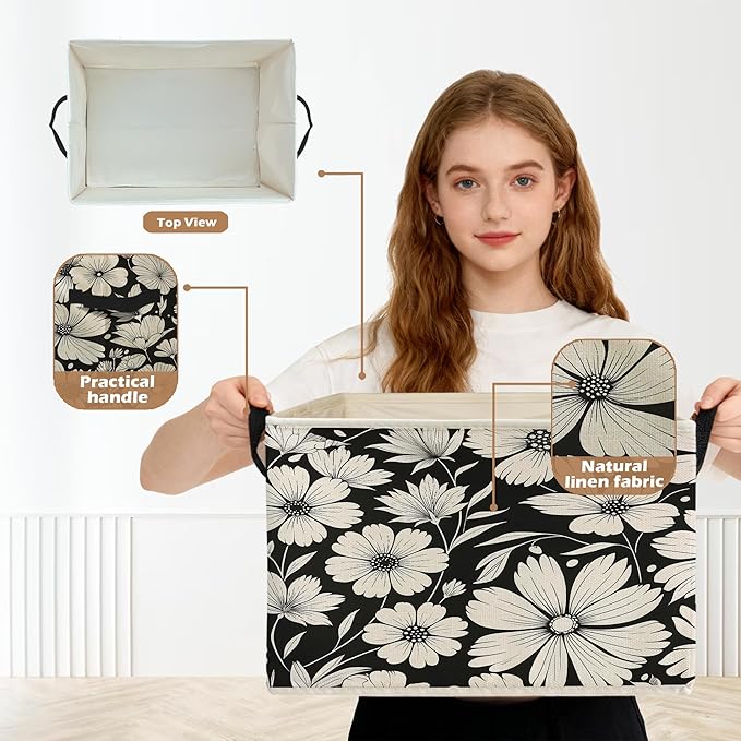 Black and White Floral Storage Box Bins, Vintage Botanical Daisy Flower Collapsible Storage Basket Organizer for Bedroom Laun