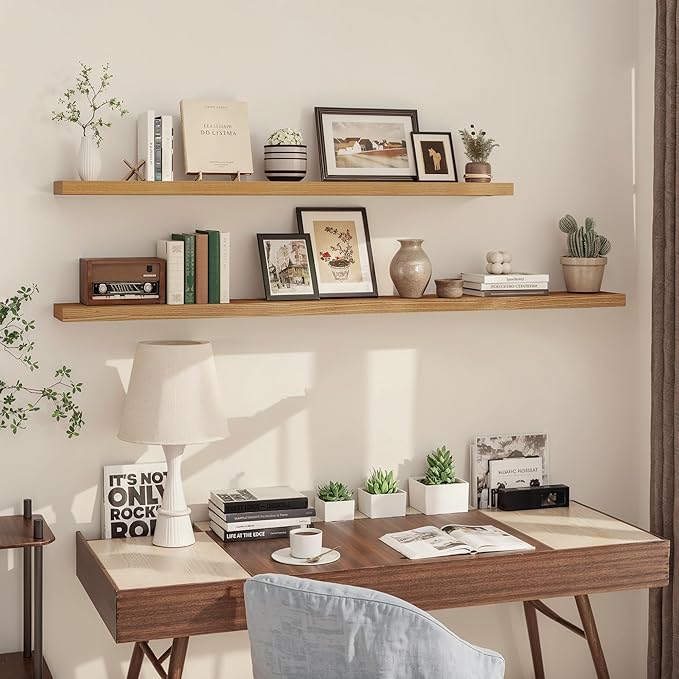 8 Inch Deep Floating Shelves, USA-Sourced Rustic Elm Wood Wall Shelves for Storage, Wall Mounted Display Shelving with Invisi