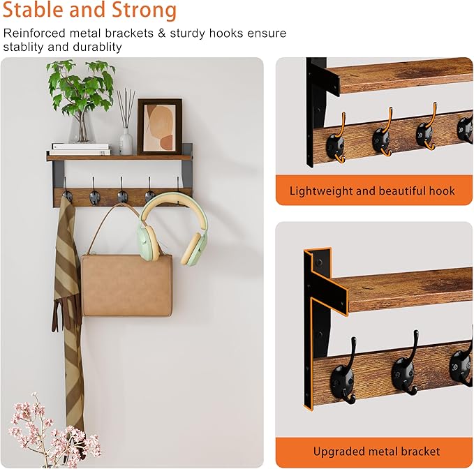 Wall Hooks with Shelf, Wood Coat Rack with Shelf Wall-Mounted, Entryway Hanging Shelves with 5 Metal Hooks for Clothes Hats T
