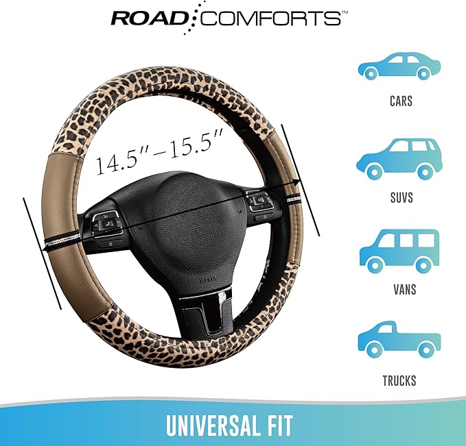 Road Comforts Leopard Steering Wheel Cover for Women, Cute Anti-Slip Microfiber Leather, Universal Fit 14.5-15 Inch Round Ste