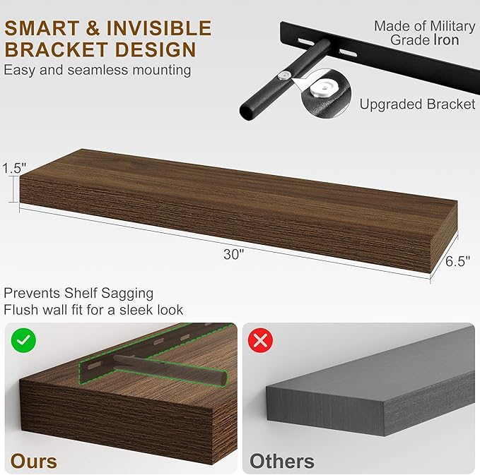 Fun Memories 30Inch Floating Shelves for Wall, 2 Pack Rustic Wood Shelves for Bathroom|Kitchen Wall Mounted Floating Shelf wi