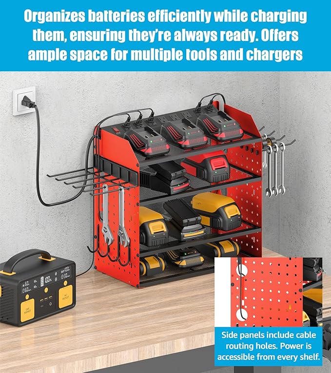 CCCEI Modular Desk Power Tools Organizer with Charging Station, 4 Layer Drills Battery Storage Wall Mount, Garage Shop Organi