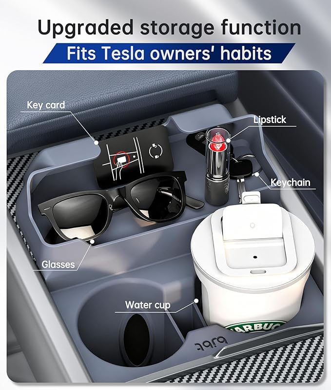 for Tesla Cup Holder Insert, 2-in-1 for Model Y Juniper(2025/2026)& Model 3 Highland(2024/2025) with Storage Compartment - Gr