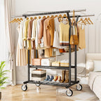 HYSEYY Heavy Duty Clothes Rack, Rolling Clothing Rack With Shelves Load 620 LBS, Double Rod Clothing Racks for Hanging Clothe