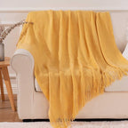 BATTILO HOME Mustard Throw Blanket with Fringe Geometric Bed Yellow Throws Summer Breathable Decorative Large Throw for Couch