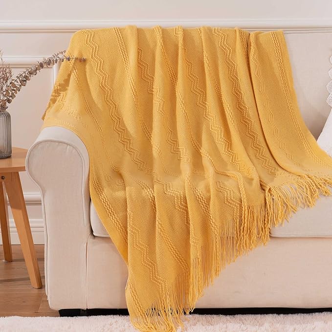 BATTILO HOME Mustard Throw Blanket with Fringe Geometric Bed Yellow Throws Summer Breathable Decorative Large Throw for Couch