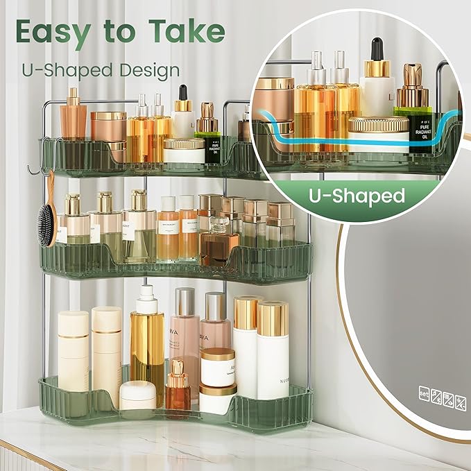 3-Tier Green Corner Organizer, PET Counter Storage with Hooks | Multi-Surface Organizer for Bathroom Vanity & Kitchen Counter