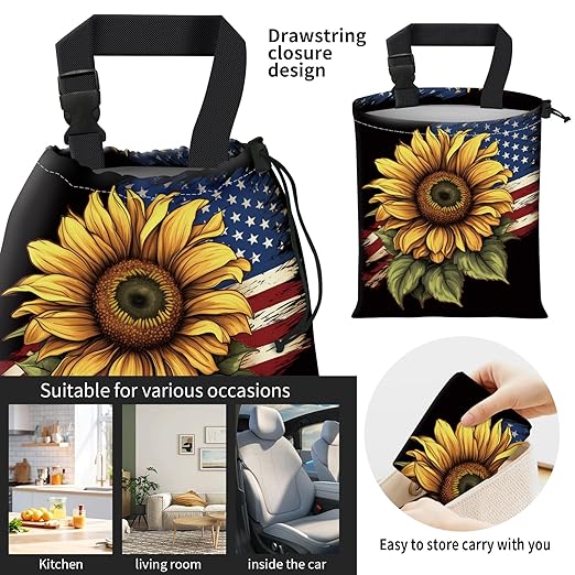 Car Trash Bag Large Hanging Can for Back of Seat, Cute Waterproof Car Garbage Bag for Vehicle, Travelling, Outdoor Cute Sunflower American Flag