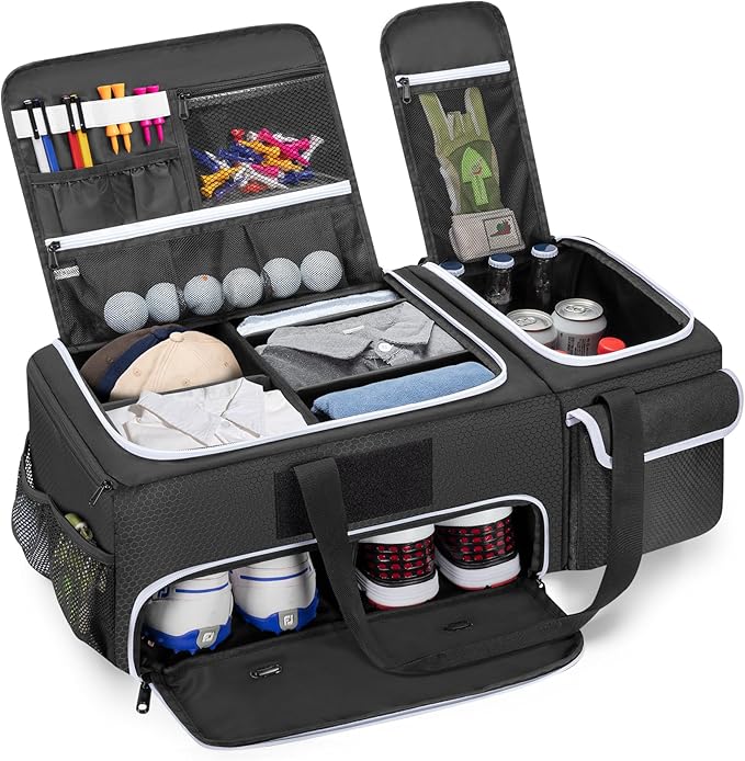 DSLEAF 2 Layer Golf Trunk Organizer with Bottom Shoe Space, Golf Car Locker for Men & Women, Holds 2-3 Shoes, Balls, Tees,