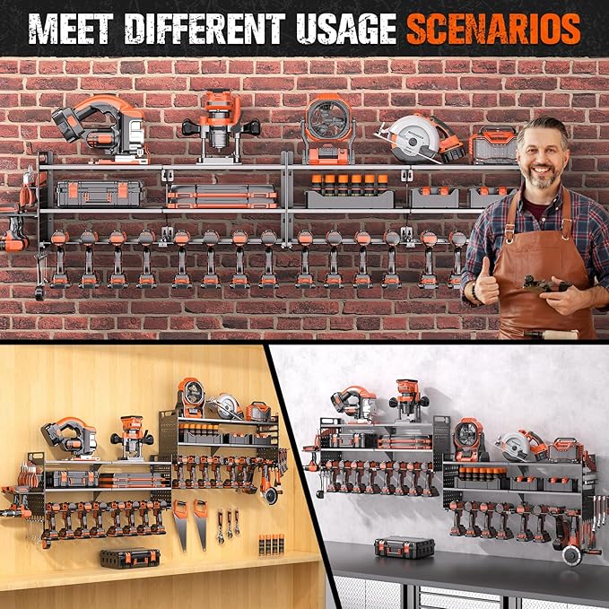 2-Pack Large Power Tool Organizer Wall Mount,Heavy Duty Cordless Tool Organizer with 18 Drill Holder,600 Lbs Capacity 3-Layer