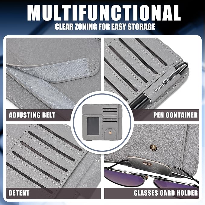 Visor Organizer, Grey Sunglass Holder For Car, Sunvisor Organizers with Multiple Pockets and Picture Frame, Essential Car Interior Accessories for Women and Men