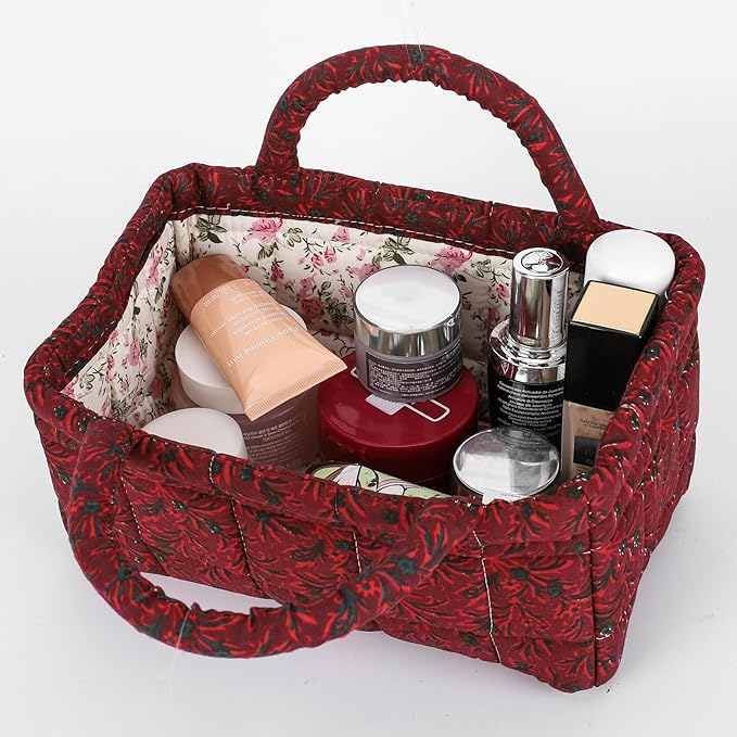 Small Storage Basket Organizer, Mini Fabric Floral Storage Baskets with Handle, Quilted Portable Collapsible Storage (J)