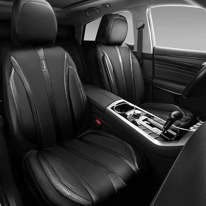 CAR PASS Carbon Fiber Nappa Leather Car Seat Covers Front Only Cushioned Leatherette 2 Piece Padded Waterproof Universal Fit 
