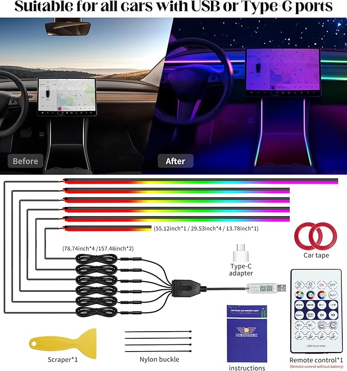 KENANEK 55.12Inch 6in1 Tesla Interior Lights, 5V USB & Type-C Powered, Acrylic Interior Car LED Strip Lights, App Controlled Music Sync, OEM-Style Ambient Lighting with Dreamcolor Effects