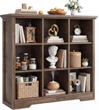 Aheaplus Wooden 9-Cube Storage Organizer with Charging Ports, Modern Cube Bookcase with Base, 4-Tier Floor Standing Open Cubb