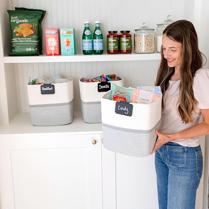 NaturalCozy Storage Cubes 11 Inch Cotton Rope Woven Baskets for Organizing, 3-Pack | Cube Storage Bin | Square Storage Basket