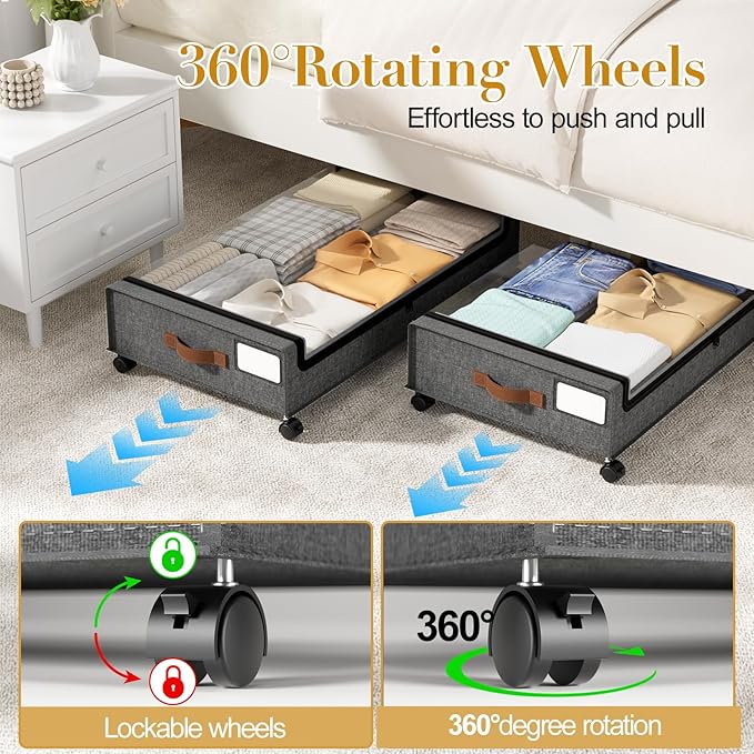 Yecaye Under Bed Storage with Wheels, 4 Pack Under the Bed Storage Containers with Lids & Label, XXL 60L Rolling Underbed Sto