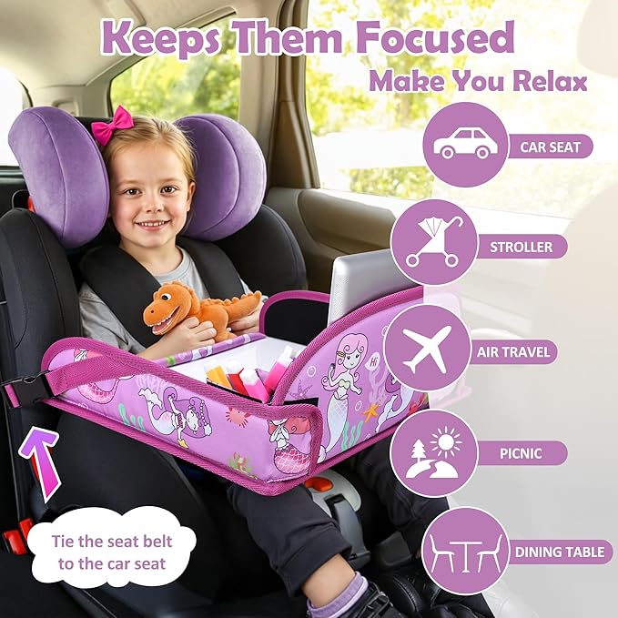 Kids Travel Tray for Toddler Carseat, Road Trip Activities Essentials for Toddler, Kids Lap Desk Tray with Tablet Holder Stand ＆ Dry Erase Board (Mermaid)
