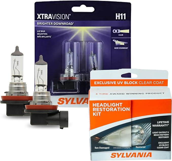 SYLVANIA - H11 XtraVision and Headlight Restoration Kit Bundle - 2 Halogen Headlight Bulbs and Kit to Restore Sun Damaged Headlights With Exclusive UV Block Clear Coat